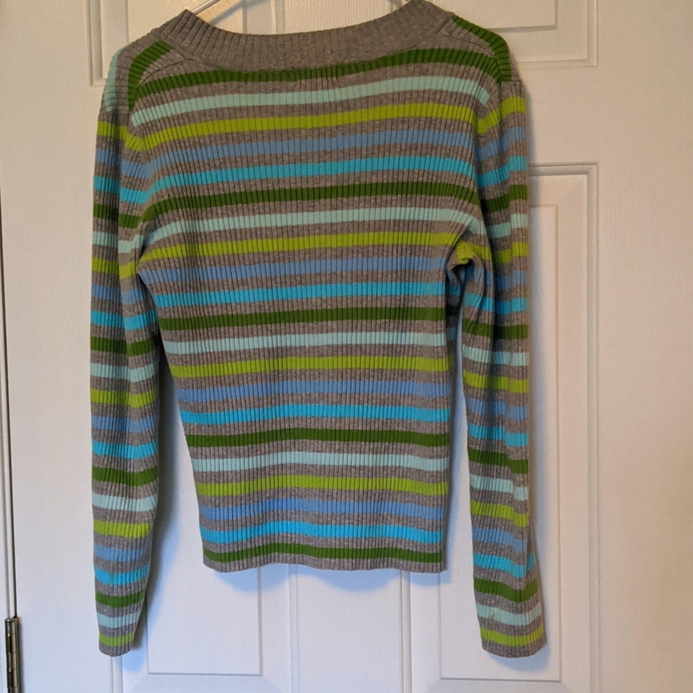 VTG St Johns Bay Women y2k stripe v neck rib knit sweater grey Petite L Pullover - Picture 2 of 3